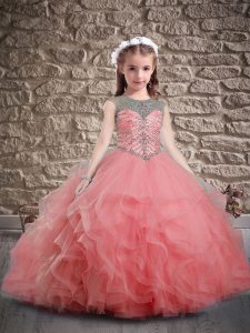 Watermelon Red Sleeveless Beading and Ruffles Lace Up Evening Gowns