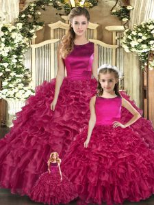 Elegant Scoop Sleeveless Ball Gown Prom Dress Floor Length Ruffles Fuchsia Organza