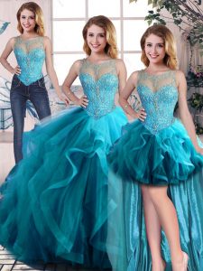 Hot Selling Aqua Blue Tulle Lace Up Scoop Sleeveless Floor Length Quinceanera Dresses Beading and Ruffles