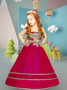 Beauteous Red Tulle Lace Up Little Girl Pageant Dress Long Sleeves Floor Length Beading and Appliques