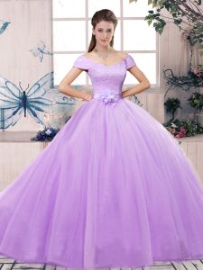 Lavender Ball Gowns Off The Shoulder Short Sleeves Tulle Floor Length Lace Up Lace and Hand Made Flower Quinceanera Gown