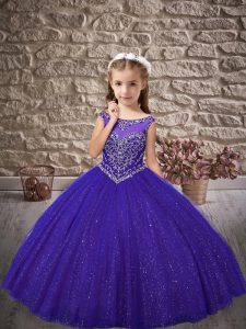 Purple Ball Gowns Scoop Sleeveless Tulle Floor Length Zipper Beading Pageant Gowns