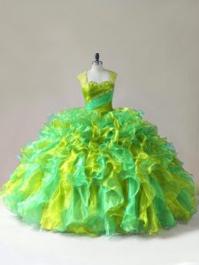 Sleeveless Organza Floor Length Zipper Quinceanera Dress in Multi-color with Beading and Ruffles