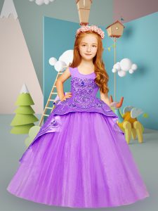 Affordable Lavender Satin and Tulle Lace Up Scoop Sleeveless Kids Formal Wear Brush Train Beading and Embroidery
