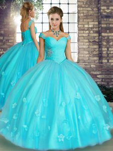 Aqua Blue Quinceanera Dress Military Ball and Sweet 16 and Quinceanera with Beading and Appliques Off The Shoulder Sleev