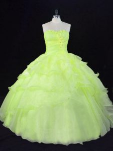 Ruffles and Hand Made Flower Ball Gown Prom Dress Yellow Green Lace Up Sleeveless Floor Length