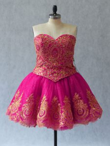 Sleeveless Mini Length Appliques and Embroidery Lace Up Custom Made with Fuchsia