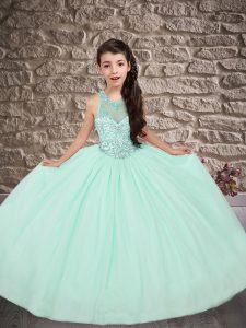 Apple Green Lace Up Little Girls Pageant Gowns Beading Sleeveless Sweep Train