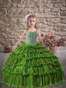 Fashionable Beading and Ruffled Layers Kids Formal Wear Olive Green Lace Up Sleeveless Floor Length