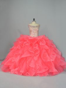 Watermelon Red Sleeveless Beading and Ruffles Quinceanera Gowns