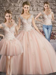 Pink Sleeveless Appliques Floor Length 15 Quinceanera Dress