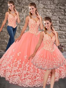 V-neck Sleeveless Brush Train Lace Up Sweet 16 Dresses Peach Tulle