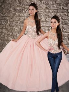 Scoop Sleeveless Brush Train Lace Up Quinceanera Gown Baby Pink Tulle
