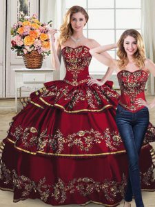 Wine Red Satin and Organza Lace Up Sweetheart Sleeveless Quinceanera Gown Embroidery and Ruffled Layers