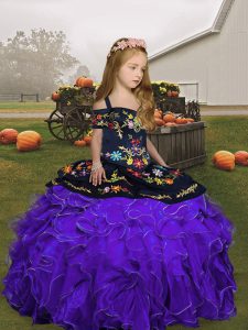 Wonderful Sleeveless Organza Floor Length Lace Up Pageant Gowns For Girls in Purple with Embroidery and Ruffles