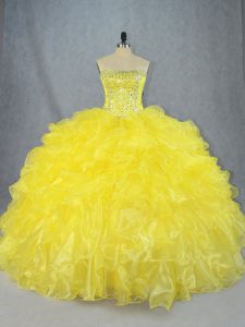 Luxury Asymmetrical Ball Gowns Sleeveless Yellow 15 Quinceanera Dress Lace Up
