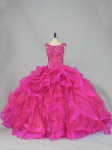 Hot Pink Organza Lace Up Quinceanera Gown Sleeveless Brush Train Beading and Ruffles
