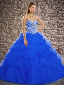 Hot Selling Royal Blue Sweetheart Lace Up Beading and Pick Ups 15th Birthday Dress Brush Train Sleeveless