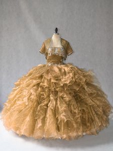 Sexy Brown Sleeveless Floor Length Beading and Ruffles Lace Up 15 Quinceanera Dress