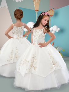 Ball Gowns Flower Girl Dresses for Less White Spaghetti Straps Satin Sleeveless Floor Length Lace Up