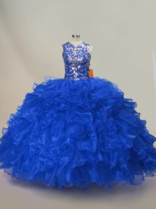 Great Scoop Sleeveless Vestidos de Quinceanera Floor Length Ruffles and Sequins Royal Blue Organza