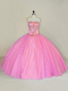 Custom Design Strapless Sleeveless Tulle Quinceanera Gown Beading Lace Up