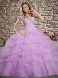 Off The Shoulder Sleeveless Sweep Train Lace Up Ball Gown Prom Dress Lilac Tulle