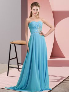 Sleeveless Chiffon Floor Length Lace Up Womens Party Dresses in Aqua Blue with Beading
