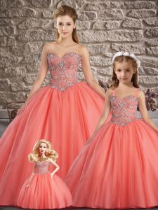 Tulle Sweetheart Sleeveless Brush Train Lace Up Beading Quinceanera Gown in Watermelon Red
