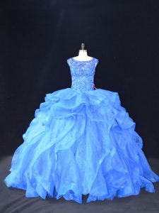 Blue 15th Birthday Dress Sweet 16 and Quinceanera with Beading and Ruffles Scoop Sleeveless Brush Train Lace Up