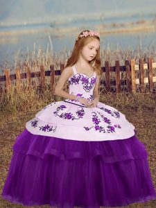 Latest Straps Sleeveless Lace Up Kids Formal Wear Eggplant Purple Tulle