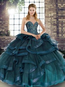Modern Sleeveless Tulle Floor Length Lace Up 15 Quinceanera Dress in Teal with Beading and Ruffles