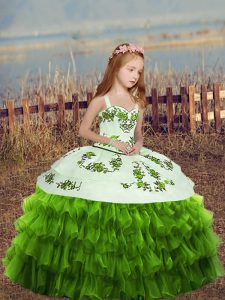 Latest Green Sleeveless Embroidery and Ruffled Layers Floor Length High School Pageant Dress