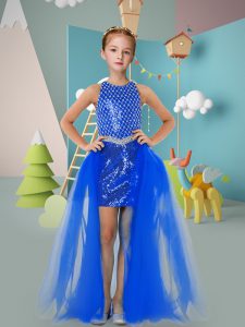 Elegant Royal Blue Scoop Neckline Beading and Sequins Child Pageant Dress Sleeveless Zipper