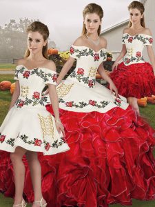 Graceful White And Red Organza Lace Up Sweet 16 Quinceanera Dress Sleeveless Floor Length Embroidery and Ruffles