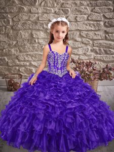 Best Purple Little Girls Pageant Dress Wholesale Organza Brush Train Sleeveless Beading and Ruffles
