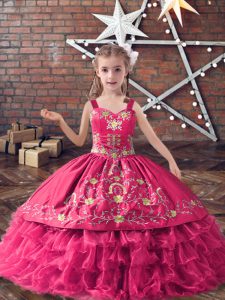 Excellent Ball Gowns Little Girls Pageant Dress Wholesale Hot Pink Straps Satin and Organza Sleeveless Floor Length Lace