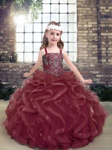 Dramatic Floor Length Burgundy Little Girl Pageant Dress Organza Sleeveless Beading and Ruffles