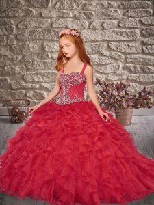 Lovely Sleeveless Sweep Train Lace Up Beading and Ruffles Girls Pageant Dresses
