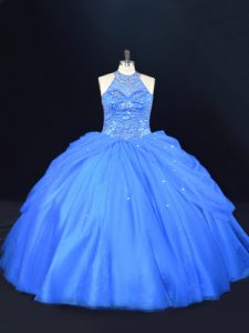 Inexpensive Floor Length Blue Quince Ball Gowns Tulle Sleeveless Beading