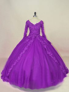 Spectacular Appliques Sweet 16 Dresses Purple Lace Up Long Sleeves Floor Length