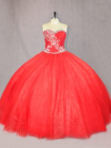 Red Ball Gowns Beading Sweet 16 Dress Lace Up Tulle Sleeveless Floor Length