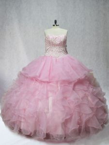Sleeveless Organza Floor Length Lace Up Sweet 16 Dress in Pink with Beading and Ruffles