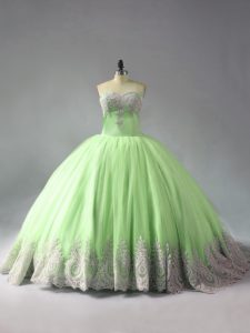 Edgy Lace Up Sweet 16 Quinceanera Dress Yellow Green for Sweet 16 and Quinceanera with Beading and Appliques Court Train