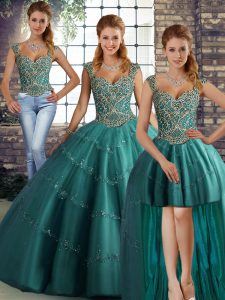 Teal Straps Lace Up Beading and Appliques Sweet 16 Dress Sleeveless