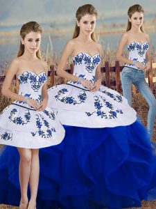 Royal Blue Sleeveless Floor Length Embroidery and Ruffles and Bowknot Lace Up 15th Birthday Dress