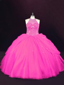 Floor Length Hot Pink Quinceanera Gown Halter Top Sleeveless Lace Up