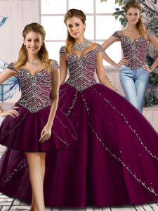 Delicate Lace Up Quinceanera Gowns Purple for Sweet 16 and Quinceanera with Beading Brush Train