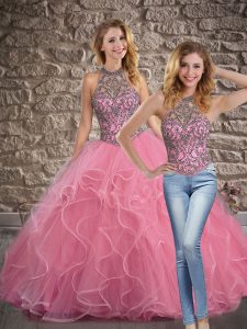 Rose Pink Halter Top Lace Up Beading and Ruffles Vestidos de Quinceanera Brush Train Sleeveless