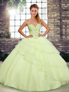 Spectacular Yellow Ball Gowns Tulle Sweetheart Sleeveless Beading and Ruffled Layers Lace Up Quinceanera Gowns Brush Tra